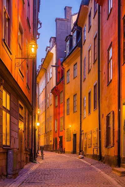 Bibikow, Walter 아티스트의 Sweden-Stockholm-Gamla Stan-Old Town-Royal Palace-old town street-dusk작품입니다.